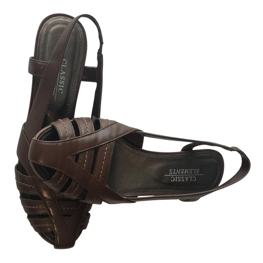 Classic Elements Turner Leather Caged Strappy Slingback Sandals Brown Women's 8M